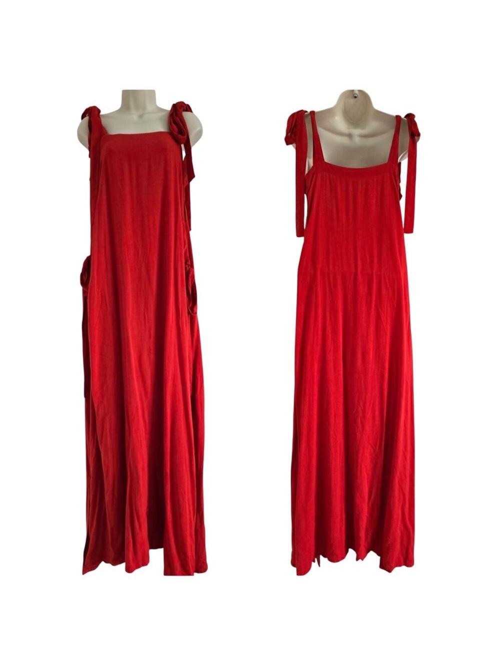 Indah Flowy red linen blend Tie-Shoulder Maxi Dress coverup small medium